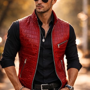 Genuine Crocodile Leather Look Vest Handmade Biker Western Style Gilet lederweste herren