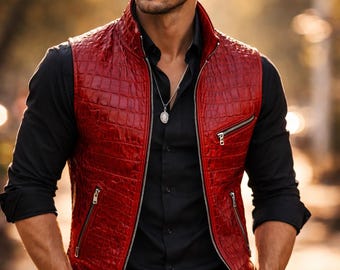 Äkta krokodilläderväst Handgjord Biker Western Style Gilet lederweste herren