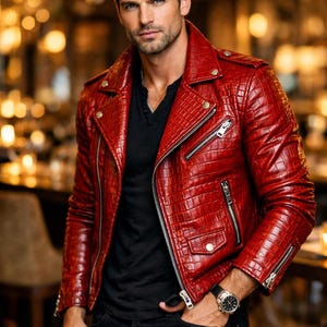 Könnte beinhalten: Rote Lederjacke mit strukturiertem, krokodilähnlichem Muster. Die Jacke hat einen Reißverschluss, mehrere Taschen und silberfarbene Hardware. Die Person trägt ein schwarzes Hemd und eine schwarze Jeans. Eine Uhr ist am Handgelenk zu sehen.