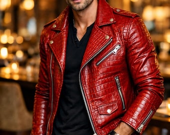 Men’s Crocodile Leather Biker Jacket – Luxury Motorcycle Coat – Stylish Lederjacken herren