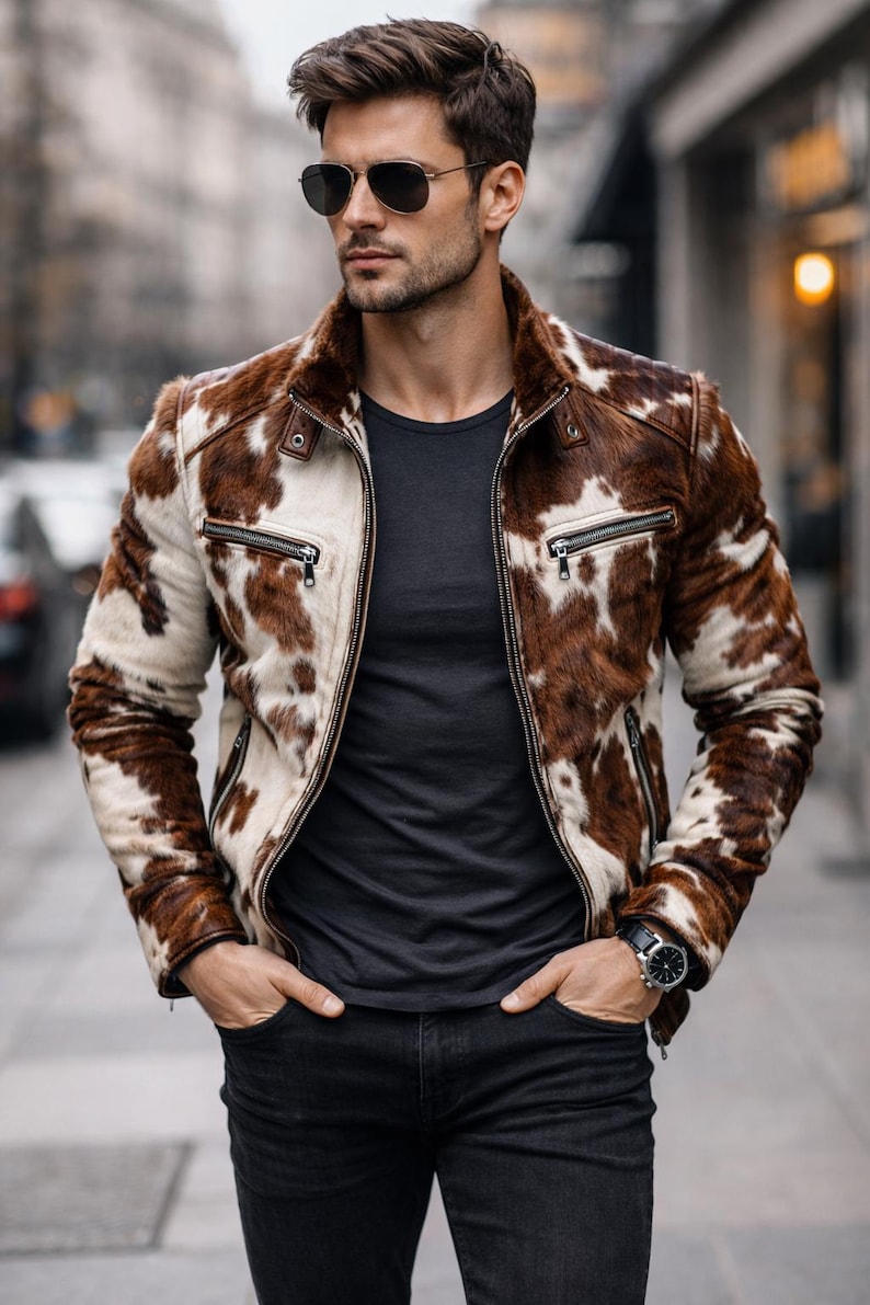 May include: A brown and white cowhide leather jacket with a zip-up front and a fur collar. The jacket has a classic biker style with a tailored fit. The model is wearing a black t-shirt and black jeans. The jacket is a statement piece.