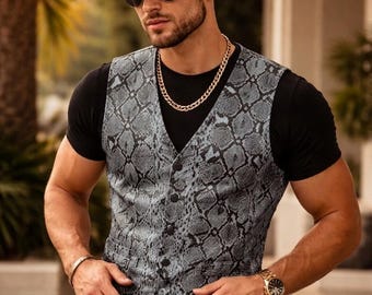 Handmade Blue Python Print Leather Vest & Matching Baseball Cap Set | Genuine Leather Streetwear