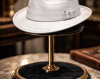 WHITE Crocodile Embossed Leather Cowboy Hat, Western Style Outback Headwear Exotic Leather