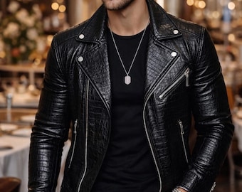 Svart herrbikerjacka i krokodilskinn – Lyxig motorcykeljacka med smal passform – Snygg