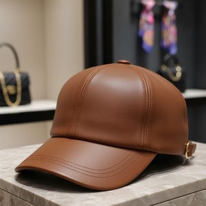 May include: A brown leather baseball cap with a curved brim. The cap features a stitched design and a small adjustable buckle on the side. The hat is a solid color and appears to be made of high-quality leather.