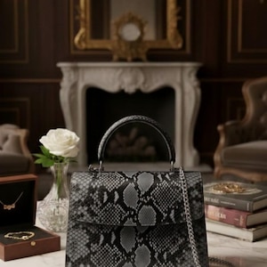 May include: A black and gray snakeskin-patterned handbag with a top handle and a silver chain strap. The bag is sitting on a marble surface, with a white rose in a vase and jewelry nearby. The background includes a fireplace and antique furniture.
