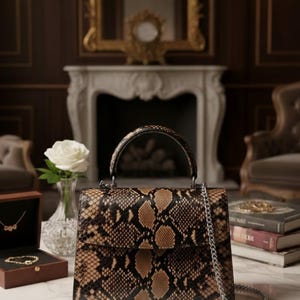 Może przedstawiać: Torebka ze wzorem skóry węża, z górnym uchwytem i srebrnym paskiem na łańcuszku. Torba ma brązowe i czarne odcienie. Biała róża w wazonie i pudełka na biżuterię również znajdują się na marmurowym stole.