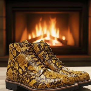 May include: A pair of yellow and brown snake-skin patterned boots with brown laces. The boots have a round toe and a thick black sole. The background features a fireplace with a warm fire burning.
