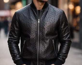 Men's Handmade Ostrich Leather Jacket Luxury Exotic Outerwear