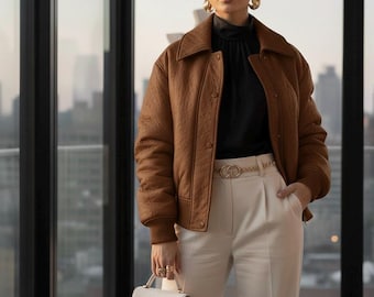 Women Ostrich Embossed Leather Jacket Handmade Genuine Leather Coat Luxury Designer Outerwear