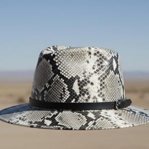 May include: A fedora hat with a snakeskin pattern in shades of gray and white. The hat features a black leather band with a silver-colored buckle. The brim is wide and the hat is set against a desert backdrop.