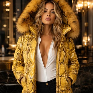 Luxury  python Leather Puffer Jacket, Faux Fur Hooded Winter Coat, Women handmade
