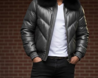 Men's Black Puffer Jacket with Fox Fur Collar | Luxury Winter Coat