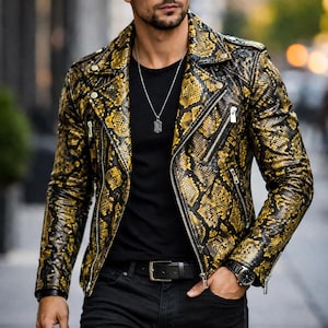 Men’s Python Print Leather Biker Jacket, Handmade Exotic Outerwear, Snake Look Outfit