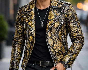 Men’s Python Print Leather Biker Jacket, Handmade Exotic Outerwear, Snake Look Outfit