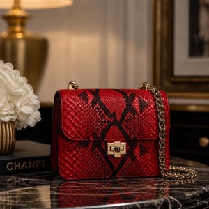May include: A red and black snakeskin-patterned handbag with a gold chain strap and clasp. The bag is rectangular with a flap closure. The word "CHANEL" is visible on a book in the background.