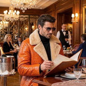 Men’s Orange Crocodile Leather Long Coat with Fur Collar | Embossed-Alligator Trench-Coat | Winter-Shearling Fur
