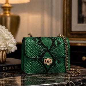 Op de afbeelding: Een groene handtas met slangenpatroon en een gouden kettingriem en sluiting. De tas heeft een klepsluiting en een ruitpatroon. Het woord "CHANEL" is zichtbaar op een boek op de achtergrond. De tas staat op een marmeren oppervlak.