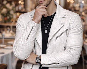 Genuine Leather Embossed Crocodile Jacket, Men's Black & White Pattern