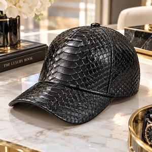 Handmade Leather Baseball Cap: Embossed Python Snakeskin, Adjustable strap