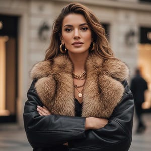 May include: A person wearing a black leather jacket with a brown fur collar. Gold hoop earrings and a gold necklace are also visible. The background is blurred, suggesting an outdoor setting.