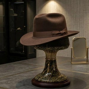 May include: A brown fedora hat with a ribbon band and bow detail, displayed on a decorative pedestal. The hat has a wide brim and a classic shape. The pedestal has a marble-like base and gold accents.