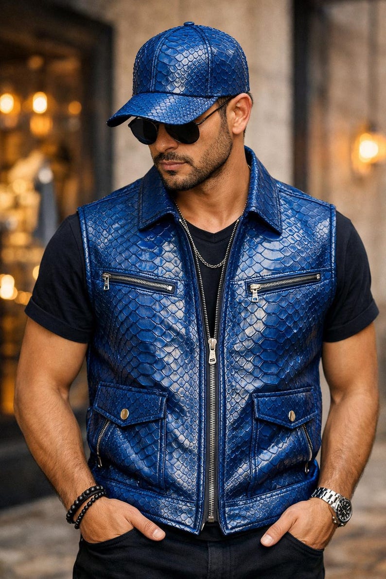 Drakpyton läderväst, kungpyton keps komplett set handgjort för män bild 1