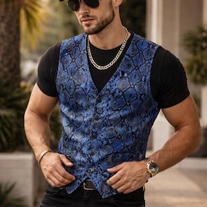 Luxury Pyton blue Skin Waistcoat and baseball cap set Handmade BikerWestern Style Leather Vest