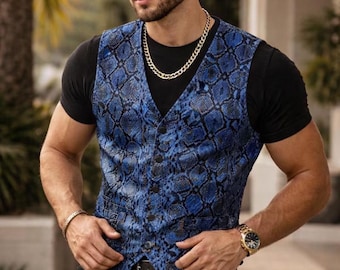 Luxury Pyton blue Skin Waistcoat and baseball cap set Handmade BikerWestern Style Leather Vest