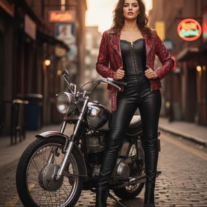 Pode incluir: Uma mulher com uma jaqueta vermelha com estampa de pele de cobra, um espartilho preto e calças de couro pretas está em pé ao lado de uma motocicleta vintage. A motocicleta tem acabamento cromado e está estacionada em uma rua de paralelepípedos.