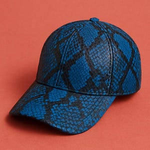 Può includere: Un cappellino da baseball blu con motivo a pelle di serpente. Il cappellino presenta una visiera curva e una corona arrotondata. Il motivo a pelle di serpente è una combinazione di blu e nero, creando un aspetto strutturato. Il cappellino è realizzato in materiale simile alla pelle.