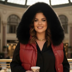 May include: A woman wearing a red puffer vest with a black fur-lined hood. She is wearing a black shirt and a gold chain necklace. She is holding a coffee cup.