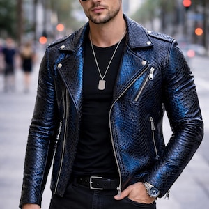 Giacca da motociclista in pelle stampata pitone blu - Giacca da motociclista in pelle di serpente metallizzata iridescente per uomo