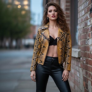 Könnte beinhalten: Gelb-braune Lederjacke mit Schlangenmuster, schwarzem BH und schwarzer Lederhose. Die Jacke hat einen Reißverschluss und einen Reverskragen. Das Outfit wird im Freien vor einer Backsteinmauer getragen.