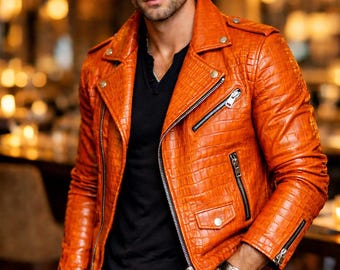 Bikerjacka i krokodilläder för män – Lyxig motorcykelkappa – Snygg Lederjacka herren