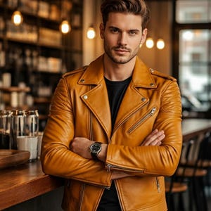 May include: A tan leather biker jacket with a notched collar, asymmetrical zip, and quilted shoulders. The jacket is worn over a black top and black trousers. A black wristwatch is visible. The background suggests a bar or cafe setting.