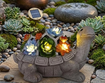 Solar Turtle Garden Statue with Succulent Accents – 7 LED Outdoor Lawn Décor