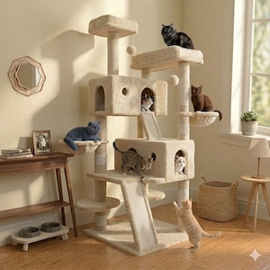 66” Large Cat Tree Tower – Multi-Level Condo with Hammock & Scratching Posts (Beige)