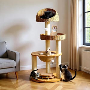 May include: A multi-level cat tree with woven baskets and platforms. Several cats of varying colors are interacting with the tree. The tree has a wooden base and posts wrapped in sisal rope. A cat is perched in the top basket.
