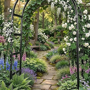 May include: A black metal garden archway covered in climbing white roses and green ivy leaves. The arch stands over a stone pathway lined with various plants including ferns, purple lavender, pink foxgloves, and hostas in a lush garden setting.