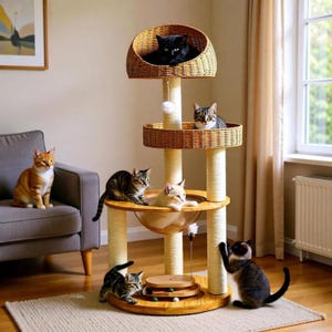 May include: A multi-level cat tree with woven baskets and scratching posts. Several cats of various colors and patterns are lounging on the tree. A cat sits on a gray sofa in the background. The cat tree is made of wood and rope.