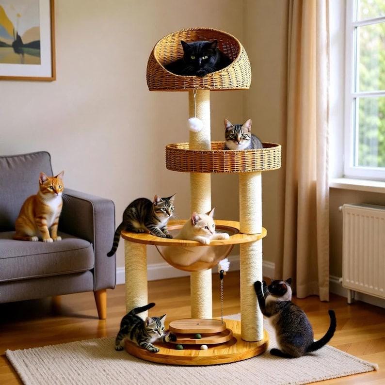May include: A multi-level cat tree with woven baskets and scratching posts. Several cats of various colors and patterns are lounging on the tree. A cat sits on a gray sofa in the background. The cat tree is made of wood and rope.