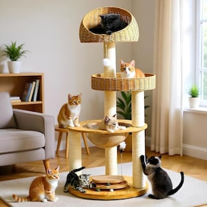 May include: A multi-level cat tree with woven baskets and scratching posts. Several cats of various colors are lounging on the different levels. The cat tree is made of wood and rope, and has a circular base.