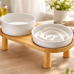 Healthy Dog Mealtime Set – Ceramic Slow Feeder and Raised Water Bowl with Wooden Stand