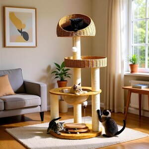 May include: A multi-level cat tree with woven baskets and scratching posts. A black cat rests in the top basket, while other cats are on the lower levels. The cat tree is on a cream-colored rug.