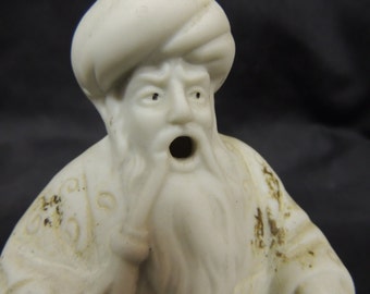 Antique Vintage Ceramic Turban Man Sheikh Swami Smoking Hookah Incense Burner Bisque