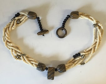 En os véritable vintage perles multi-rangs tressé Long collier en bois