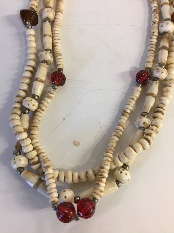 Vintage Three Strand Carved Bone & Glass Beaded S… - image 3