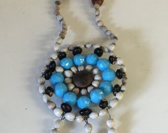 Vintage Wood, Beaded & Seed Statement Necklace Light Blues Grays Browns Hippy