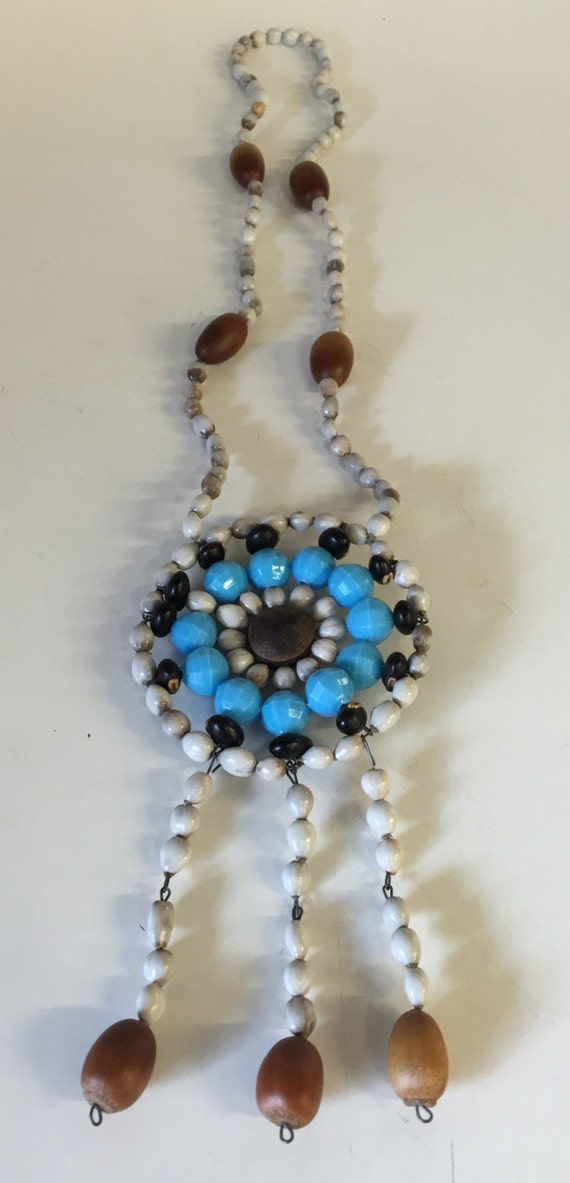 Vintage Wood, Beaded & Seed Statement Necklace Lig